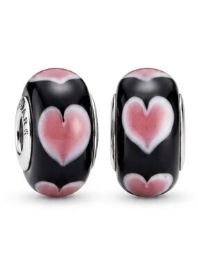 Pandora Black Murano Glass Bead with Pink Hearts - Set of 2